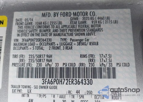 2014 Ford Fusion Se z USA, uszkodzony, nr VIN 3FA6P0H72ER364330